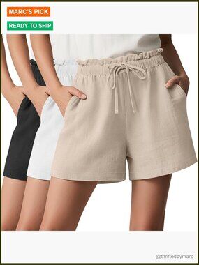3 Pack Linen Shorts High Waist Wide Leg Drawstring Pockets Casual Summer